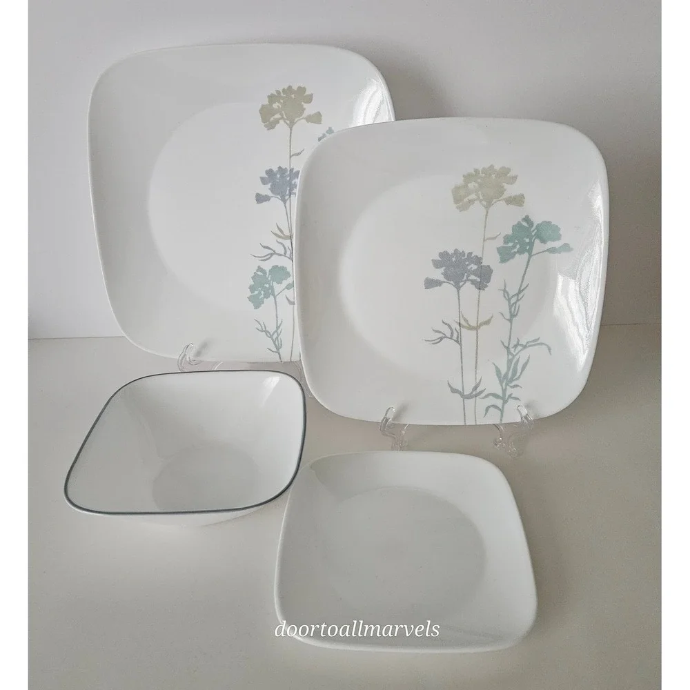 Corelle Vitrelle Paper Shadows Floral Square Plate Set Minimalist Made in USA